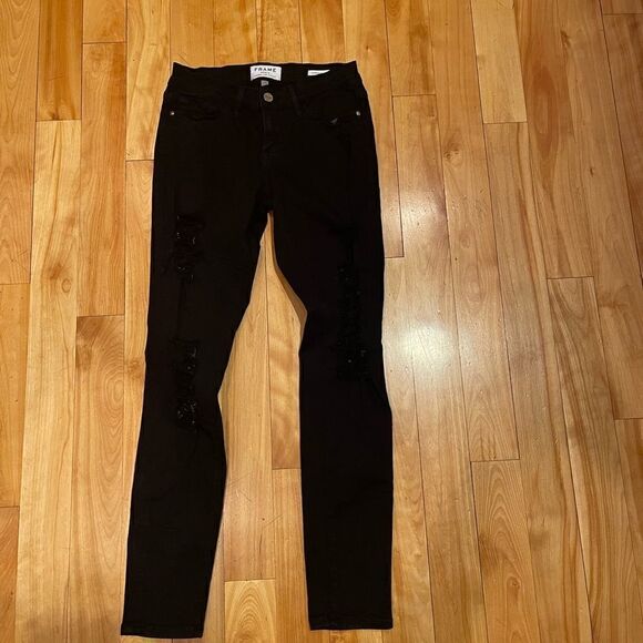 FRAME denim "Le Skinny De Jeanne" black ripped jeans size 25! - Picture 2 of 6